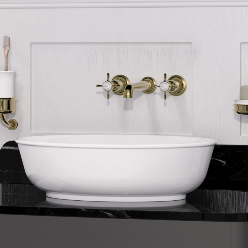 Lifestyle image of Burlington Guild Gold 3 Tap Hole Wall Mounted Basin Tap